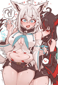!? 2girls animal_ears big_belly black_hair black_shorts blue_eyes blue_nails breasts detached_sleeves fat fingernails fox_ears fox_girl grabbing_another&#039;s_stomach hair_between_eyes hair_bun highres hololive kurokami_fubuki large_breasts multicolored_hair multiple_girls nail_polish navel plump red_hair shirakami_fubuki shiroi_yoru shorts single_hair_bun surprised thick_thighs thighs two-tone_hair virtual_youtuber white_hair yuri