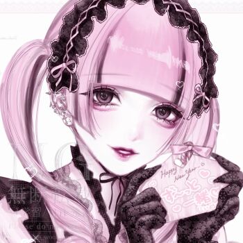 Rule 34 | 1girl, aegyo sal, black gloves, black headdress, blunt bangs, blunt ends, commentary, cross, cross earrings, ear piercing, earrings, ema, gloves, happy new year, headdress, highres, holding, holding ema, jewelry, jirai kei, lace, lace gloves, lips, looking at viewer, multicolored hair, new year, original, parted lips, piercing, pink hair, portrait, shiro woof woof, simple background, smile, solo, streaked hair, symbol-only commentary, white background