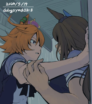 2girls admire_vega_(umamusume) animal_ears brown_hair crown dated dogeyama_um ear_covers face-to-face hand_on_another's_arm hand_on_wall highres horse_ears kabedon light_smile long_hair looking_at_another multiple_girls orange_hair outdoors parted_lips purple_eyes rain school_uniform shirt short_hair short_sleeves single_ear_cover t.m._opera_o_(umamusume) tracen_school_uniform umamusume upper_body water