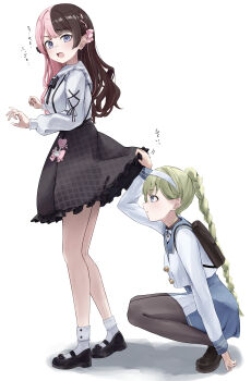2girls absurdres backpack bag black_hair black_pantyhose black_shoes black_skirt blue_eyes blue_skirt braid commentary_request green_hair hairband hanabusa_lisa hanabusa_lisa_(5th_costume) hand_up highres lifting_another's_clothes loafers long_hair long_sleeves looking_at_another looking_at_viewer multicolored_hair multiple_girls open_mouth pantyhose parted_lips pink_hair sakahana school_uniform shirt shoes skirt socks split-color_hair squatting standing tachibana_hinano tachibana_hinano_(1st_costume) two-tone_hair virtual_youtuber vspo! white_hairband white_shirt white_socks