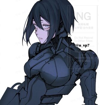 1girl absurdres android artist_name black_hair blame! cyberpunk english_text grey_eyes hair_between_eyes highres joints looking_at_viewer metal_skin parted_lips robot_girl robot_joints sanakan science_fiction short_hair simple_background solo spyair4848 translation_request upper_body white_background