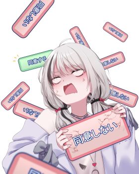 Rule 34 | 1girl, absurdres, ahoge, anger vein, asumi sena, asumi sena (5th costume), black hair, blank eyes, choker, commentary request, grey hair, hanazome uta, highres, holding, jacket, jewelry, multicolored hair, necklace, open clothes, open jacket, open mouth, shirt, solo, streaked hair, two-tone hair, virtual youtuber, vspo!, white background, white shirt