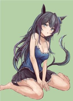 1girl animal_ears bare_shoulders black_choker black_hair black_skirt blue_camisole blue_eyes blue_tank_top blush breasts camisole choker cleavage collarbone ear_covers hair_between_eyes horse_ears horse_girl horse_tail long_hair medium_breasts mole mole_under_eye parted_lips simple_background single_ear_cover sitting skirt solo tail tank_top umamusume verxina_(umamusume) wariza yanagi_wakana