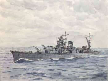 atelier_bono cloud cloudy_sky commentary_request cruiser destroyer highres imperial_japanese_navy mast military military_vehicle no_humans ocean original outdoors painting_(medium) rising_sun_flag sailing ship ship_turret sky smokestack sunburst traditional_media vehicle_focus warship watercolor_(medium) watercraft waves yahagi_(cruiser)