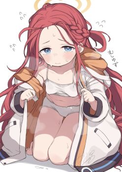 1girl blue_archive blue_eyes blush bra braid closed_mouth collarbone dot_nose embarrassed forehead gamuo jacket kneeling long_hair long_sleeves looking_at_viewer open_clothes open_jacket panties red_hair simple_background single_bare_shoulder solo steaming_body sweat translation_request two-sided_fabric underwear very_long_hair wavy_hair white_background white_bra white_jacket white_panties yuzu_(blue_archive)