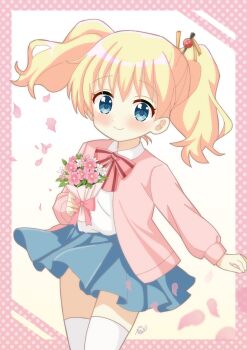 Rule 34 | 1girl, alice cartelet, blonde hair, blue eyes, blue skirt, blush, bow, bowtie, cardigan, closed mouth, collared shirt, commentary request, cowboy shot, eyebrows hidden by hair, flower, hair between eyes, hair ornament, happy birthday, highres, holding, kin-iro mosaic, long hair, long sleeves, looking at viewer, miniskirt, open cardigan, open clothes, petals, pink bow, pink cardigan, pleated skirt, polka dot, polka dot background, school uniform, serafuku, shirt, sidelocks, signature, simple background, skirt, sleeves past wrists, smile, solo, standing, striped bow, striped bowtie, striped clothes, thighhighs, twintails, white shirt, white thighhighs, yu kawara025