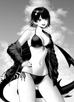1girl absurdres alternate_costume anissa047 bare_shoulders bikini black_bikini black_hair black_jacket black_nails blush breasts cloud collarbone colored_inner_hair commentary cowboy_shot earclip ellen_joe english_commentary fins fish_tail front-tie_bikini_top front-tie_top gluteal_fold greyscale hand_on_own_hip highres jacket jacket_partially_removed long_sleeves looking_at_viewer mole mole_under_eye monochrome multicolored_hair navel off_shoulder open_clothes open_jacket open_mouth outdoors razor_blade_hair_ornament scar scar_on_tail shark_girl shark_tail sharp_teeth short_hair side-tie_bikini_bottom smile solo standing stomach string_bikini swimsuit tail teeth zenless_zone_zero