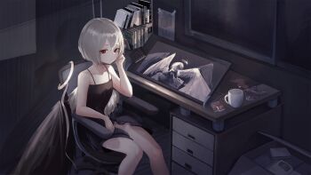 1girl angel angel_wings anizi arm_rest armpit_crease bare_arms bare_legs bare_shoulders black_dress black_jacket book box chair closed_mouth clothes_around_waist collarbone commentary cup dark desk drawer drawing_tablet dress feathered_wings feet_out_of_frame frown fur-trimmed_jacket fur_trim glint grey_hair hair_between_eyes halo hand_up highres indoors jacket jacket_around_waist korean_commentary looking_at_viewer mug office_chair on_chair original red_eyes revision shadow short_hair sitting sleeveless sleeveless_dress solo spaghetti_strap swivel_chair thighs wide_shot window wings