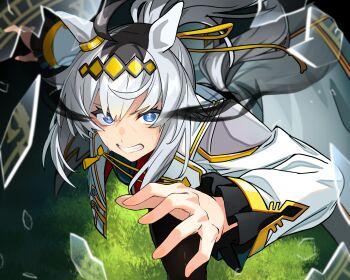 Rule 34 | 1girl, ahoge, animal ears, black pantyhose, blue eyes, broken glass, clenched teeth, commentary request, ear ornament, eye trail, glass, grey hair, grey tail, hair between eyes, hair ornament, hair ribbon, hairband, highres, horse ears, horse girl, horse tail, jacket, light trail, long hair, long sleeves, looking at viewer, neckerchief, oguri cap (umamusume), open mouth, overskirt, pantyhose, ponytail, psd available, red neckerchief, reibun (raven1119), ribbon, running, solo, tail, teeth, umamusume, umamusume: cinderella gray, white jacket