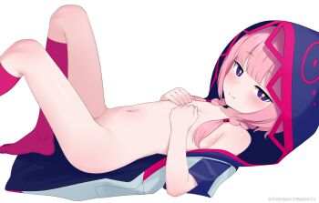 1girl blush braid highres hood kaf_(kamitsubaki_studio) kamitsubaki_studio loli looking_at_viewer lying navel pink_hair shino_(shinokani) simple_background socks solo twin_braids white_background