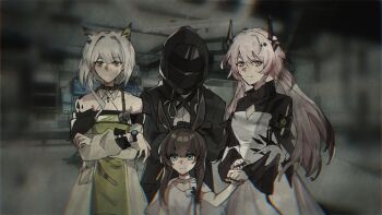 1other 3girls amiya_(arknights) amiya_(young)_(arknights) animal_ears arknights black_horns black_jacket blue_eyes blurry brown_hair cape chinese_commentary choker chromatic_aberration commentary_request crossed_arms dark doctor_(arknights) film_grain green_eyes grey_hair group_picture hands_on_another&#039;s_head heavy_film_grain highres holding_hands hood hood_up hooded_jacket horns indoors jacket jewelry kal&#039;tsit_(arknights) long_hair long_sleeves looking_at_viewer material_growth moliyuu multiple_girls multiple_rings oripathy_lesion_(arknights) photo_(object) pink_eyes pink_hair ring short_hair_with_long_locks stethoscope stethoscope_around_neck theresa_(arknights) vignetting watch white_cape white_choker wristwatch