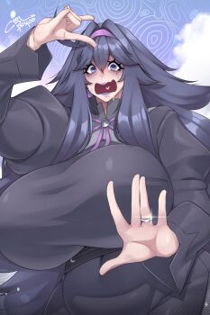 1girl @_@ absurdres blush breasts coolpsyco earrings female_focus hex_maniac_(pokemon) highres huge_breasts jewelry lipstick long_hair looking_at_viewer makeup matching_hair/eyes nintendo pokemon purple_eyes purple_hair ring solo sweat
