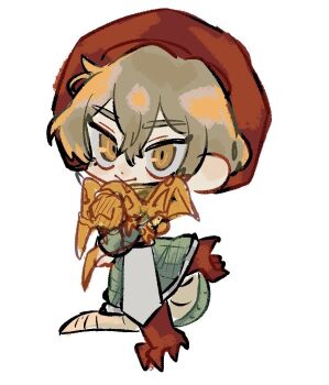 Rule 34 | 1boy, :>, a ml0525, beret, brown eyes, brown hair, chibi, claws, closed mouth, dragon tail, dress, e.g.o (project moon), full body, green dress, green sleeves, hair between eyes, hat, lifetime stew (e.g.o), limbus company, lizard tail, long sleeves, looking at viewer, male focus, orange wings, project moon, red hat, reptile boy, sinclair (project moon), smile, solo, tail, white background, wings