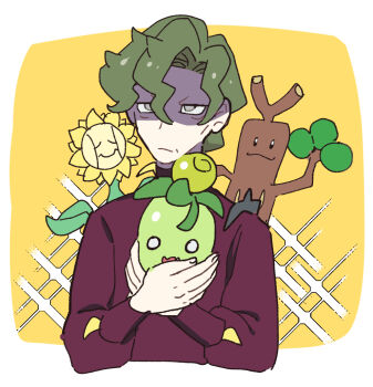 1boy :3 bad_id bad_twitter_id brassius_(pokemon) commentary dede_(qwea_00000) gen_2_pokemon green_hair grey_eyes holding holding_pokemon male_focus nintendo o_o open_mouth pokemon pokemon_(creature) pokemon_sv shaded_face smile smoliv sparkle sudowoodo sunflora symbol-only_commentary