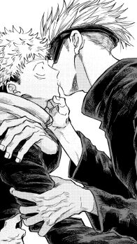 Rule 34 | 1other, 2boys, adam's apple, blindfold, commentary request, french kiss, from side, gojou satoru, high collar, highres, holding another's arm, hood, hood down, itadori yuuji, jacket, jujutsu kaisen, jujutsu tech uniform, kiss, male focus, multiple boys, nay bb, short hair, simple background, upper body, white background, yaoi