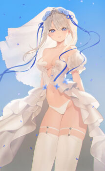 Rule 34 | 1girl, 9a-91 (girls' frontline), absurdres, arms behind back, bare shoulders, blonde hair, blue eyes, blue flower, blue ribbon, blue rose, blue sky, breasts, bridal veil, collarbone, commission, detached sleeves, dress, flower, frilled dress, frills, girls' frontline, hair flower, hair ornament, hair ribbon, highres, kir (khw66136132), looking at viewer, medium breasts, navel, outdoors, panties, parted lips, petals, pixiv commission, puffy short sleeves, puffy sleeves, ribbon, rose, short hair, short sleeves, sidelocks, sky, sleeveless, sleeveless dress, solo, sparkle, thighhighs, tiara, underwear, veil, wedding dress, white dress, white panties, white thighhighs