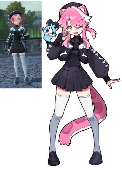 1girl ;d absurdres animal_ears black_jacket black_shirt black_shoes black_skirt chattino_(raora_panthera) commentary cropped_jacket english_commentary extra_ears full_body hand_up highres hololive hololive_english jacket loafers long_sleeves looking_at_viewer miniskirt multicolored_hair nintendo one_eye_closed open_mouth panther_ears panther_girl panther_tail pink_hair pleated_skirt pokemon pokemon_legends:_z-a raora_panthera raora_panthera_(artist) self-portrait shirt shirt_tucked_in shoes short_hair_with_long_locks sidelocks skirt smile solo standing streaked_hair swept_bangs tail thighhighs twintails virtual_youtuber w white_streaks yellow_eyes