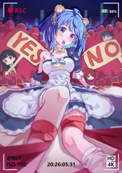 4girls absurdres ahoge apron basori_tiara black_dress blue_eyes blue_hair blush bo7 breasts character_request chibi cleavage collarbone commentary_request dress frilled_apron frills gloves highres komari_chika large_breasts maid maid_apron make_heroine_ga_oo_sugiru! medium_hair multiple_girls nukumizu_kaju puffy_short_sleeves puffy_sleeves red_ribbon ribbon short_sleeves sitting teeth waist_apron white_apron white_gloves yanami_anna