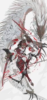 1girl absurdres black_hair braid character_request claws dragon dress dual_wielding full_body highres holding holding_sword holding_weapon horns mask monster monster_hunter_(series) nslacka original ponytail red_eyes scales skirt sword weapon whiskers wyvern