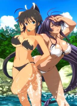 2girls :d :o ahoge antenna_hair arm_behind_head bad_tag bikini bikini_tan black_bikini black_hair blue_eyes blue_sky blush breasts cleavage cloud collarbone crossover dark-skinned_female dark_skin day forest green_eyes groin hair_over_one_eye hair_ribbon high_ponytail homura_(senran_kagura) ikkitousen kan'u_unchou large_breasts linea_alba long_hair looking_at_viewer low-tied_long_hair lowres micro_bikini multiple_girls nature navel o-ring o-ring_bikini official_art open_mouth outdoors parted_lips ponytail purple_hair ribbon river rock senran_kagura senran_kagura_new_wave senran_kagura_shoujo-tachi_no_shin'ei shiny_skin sky smile splashing standing standing_on_one_leg strapless strapless_bikini string_bikini swimsuit tan tanline torn_bikini torn_clothes tree underboob very_long_hair water wet white_bikini white_ribbon