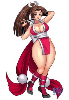 1girl breasts brown_eyes brown_hair cleavage fan fatal_fury large_breasts long_hair no_bra no_panties no_underwear ponytail revealing_clothes shiranui_mai smile snk solo the_king_of_fighters tokisige