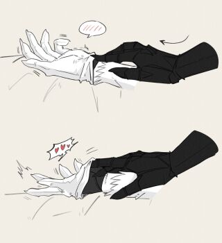 arthropod_girl black_skin colored_skin commentary english_commentary gloves hand_focus heart highres holding_hands hollow_knight hollow_knight:_silksong hornet_(hollow_knight) lace_(hollow_knight) reikollsama simple_background undressing_another white_gloves yuri
