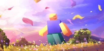 1other absurdres commentary day dutch_angle english_commentary falling_leaves field full_body highres himochuu leaf looking_to_the_side mountainous_horizon noob_(roblox) outdoors roblox smile solo standing tree