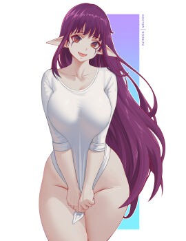 1girl absurdres blush bottomless breasts brown_eyes curvy esil_radiru highres large_breasts long_hair looking_at_viewer melowh open_mouth pointy_ears purple_hair shirt shirt_tug smile solo solo_leveling thick_thighs thighs white_background white_shirt