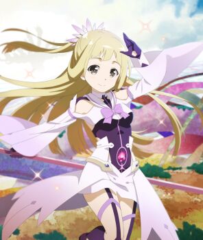 1girl arm_up bare_shoulders blonde_hair blue_sky breasts brown_eyes closed_mouth clothing_cutout cloud cloudy_sky day dot_nose dress feet_out_of_frame game_cg gloves high_ponytail holding holding_staff holding_weapon long_hair long_sleeves looking_at_viewer magical_girl nogi_sonoko official_art outdoors ponytail purple_dress purple_eyes purple_gloves purple_skirt shoulder_cutout skirt sky small_breasts smile solo sparkle staff standing standing_on_one_leg third-party_source toji_no_miko toji_no_miko:_kizamishi_issen_no_tomoshibi weapon wide_sleeves yuuki_yuuna_wa_yuusha_de_aru yuusha_de_aru