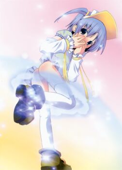 00s ass blush eyebrows highres loli magical_girl moetan no_panties pastel_ink pop purple_hair standing standing_on_one_leg thighhighs upskirt