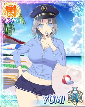 1girl :o angry arm_up ball beach beach_towel beach_umbrella beachball blue_eyes blue_hoodie blue_sky border breasts card_(medium) character_name cleavage game_cg grey_hair groin hand_on_own_hip hat holding holding_whistle hood hoodie large_breasts medium_hair microskirt navel ocean official_art palm_tree partially_unzipped police police_hat police_uniform policewoman senran_kagura senran_kagura_new_wave skirt sky solo third-party_source towel tree umbrella whistle yumi_(senran_kagura) zipper