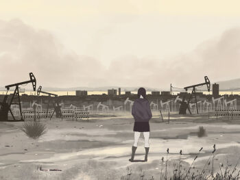 Rule 34 | 1girl, black hair, cityscape, cloud, cloudy sky, desert, female focus, from behind, grass, hands in pockets, hood, hoodie, horizon, landscape, monochrome, oil well, original, pumpjack, shiira, sky, solo, standing