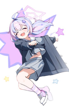 1girl :d ^_^ absurdres ahoge black_neckerchief blue_archive blush closed_eyes commentary grey_jacket grey_serafuku grey_skirt hair_ornament halo highres jacket long_hair long_sleeves midriff multicolored_hair navel neckerchief open_clothes open_jacket open_mouth pink_hair pink_halo purple_hair reisa_(blue_archive) sailor_collar school_uniform serafuku shanqianqian_377 skirt smile socks solo star_(symbol) star_hair_ornament star_halo striped_clothes striped_socks twintails two-tone_hair white_sailor_collar