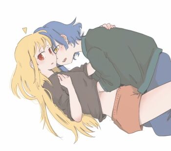 2girls ahoge blonde_hair blue_hair blue_pants blush bocchi_the_rock! brown_shirt commentary_request cuddling detached_ahoge green_jacket hair_down hair_ornament hairclip hand_on_another's_back hand_on_own_chest hand_under_clothes ijichi_nijika implied_groping jacket long_hair looking_at_viewer mole mole_under_eye multiple_girls nickle333ml orange_shorts pants parallel_hairclips red_eyes shirt short_hair shorts simple_background white_background yamada_ryo yellow_eyes yuri