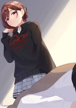 Rule 34 | 1boy, 1girl, artist name, black shirt, blush, brown hair, commentary request, grey skirt, highres, higuchi madoka, idolmaster, idolmaster shiny colors, kanuru (xnzx2253), light smile, long sleeves, looking at another, mole, mole under eye, plaid clothes, plaid skirt, pleated skirt, producer (idolmaster), red eyes, school uniform, shirt, short hair, signature, skirt, sleeping, solo focus