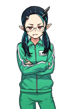 Rule 34 | 1girl, nanashi inc., bespectacled, black hair, blue hair, closed mouth, commentary request, cosplay, cowboy shot, crossed arms, demon girl, demon horns, expressionless, fang, fang out, flat chest, glasses, gokusen, green jacket, green pants, heebee, highres, horns, jacket, long hair, looking at viewer, low twintails, multicolored hair, pants, pointy ears, red eyes, shishio chris, simple background, solo, sugar lyric, track jacket, track pants, twintails, two-tone hair, virtual youtuber, white background, yamaguchi kumiko, yamaguchi kumiko (cosplay)