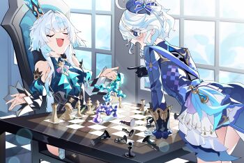 2girls absurdres ahoge asymmetrical_gloves blue_dress blue_eyes blue_hair board_game cerydra_(honkai:_star_rail) chess chess_piece chessboard company_connection crossover crown detached_sleeves dress fang furina_(genshin_impact) genshin_impact gloves highres honkai:_star_rail honkai_(series) its2h35 mihoyo mismatched_gloves multiple_girls pointing pointing_at_another sitting smug tearing_up you're_doing_it_wrong