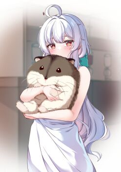 1girl ahoge animal animal_hug bare_arms bare_shoulders blue_bow blurry blurry_background blush bow closed_mouth commentary_request copyright_request depth_of_field dress grey_hair hair_bow hamster indoors long_hair looking_at_viewer motion_lines moyoron oversized_animal red_eyes sleeveless sleeveless_dress solo very_long_hair white_dress