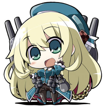 10s 1girl akaneya atago_(kancolle) black_gloves blonde_hair blush breasts chibi female_focus gloves green_eyes gun hat kantai_collection large_breasts long_hair looking_at_viewer military military_uniform navel open_mouth pantyhose smile solo weapon