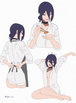 1girl absurdres apron arm_up breasts chainsaw_man choker chopsticks closed_eyes edgar_syu green_eyes grenade_pin hair_bun highres legs messy_hair multiple_girls open_mouth panties purple_hair reze_(chainsaw_man) shirt single_hair_bun small_breasts smile underwear upper_body white_shirt yawning