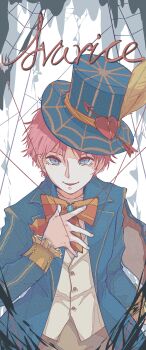 1boy absurdres axis_powers_hetalia blue_eyes hat hat_feather highres jacket long_sleeves looking_at_viewer male_focus open_mouth pink_hair shirt short_hair smile solo thick_eyebrows top_hat united_kingdom_(hetalia) upper_body xinjinjumin1298317