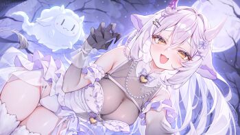 1girl alllisso animal_ears artist_name asymmetrical_horns bai_(vtuber) bare_tree black_nails bow braid breasts colored_extremities fang fingernails full_moon ghost goat_ears goat_girl hair_bow highres horizontal_pupils horns indie_virtual_youtuber jewelry leotard long_hair mismatched_horns moon necklace open_mouth pearl_necklace purple_horns second-party_source see-through_cleavage see-through_clothes sharp_fingernails skin_fang smile tail thigh_gap thighhighs tree virtual_youtuber white_hair white_horns white_leotard white_thighhighs