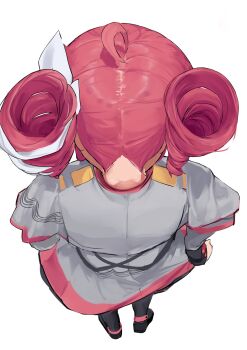 Rule 34 | 1girl, ahoge, back, black boots, boots, commentary, drill hair, facing away, foreshortening, from above, from behind, grey jacket, grey skirt, hair focus, hair ribbon, hand on own hip, highres, jacket, kasane teto, kasane teto (sv), medium hair, nape, pocche-ex, red hair, ribbon, simple background, sketch, skirt, solo, standing, synthesizer v, twin drills, utau, white background, white ribbon