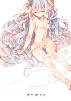 1girl 2015 absurdres artist_name bare_arms bare_shoulders barefoot bikini breasts cleavage closed_eyes commentary_request crossed_bangs curled_horns dot_nose english_text expressionless eyelashes frilled_bikini frills full_body grey_hair hair_between_eyes hands_on_ground happy_new_year highres horns leg_up long_hair navel new_year original parted_lips ribbon see-through_ribbon sheep_horns simple_background sitting small_breasts solo spaghetti_strap stomach superchickentt swimsuit very_long_hair wavy_hair white_background white_bikini white_horns white_ribbon