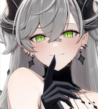 1girl bare_shoulders blush chest_tattoo colored_extremities demon_horns earrings fate/grand_order fate_(series) green_eyes horns jewelry lilith_(celebratory_attire)_(fate) lilith_(fate) long_hair neck_tattoo particle_sfs smile solo tattoo twintails twitter_username white_hair