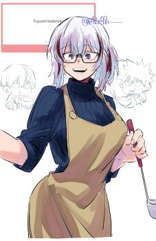 1girl 2boys :d absurdres apron bakugou_katsuki bibiri_(r42r98r) black-framed_eyewear black_sweater blue_eyes blush boku_no_hero_academia breasts chibi chibi_inset commentary_request cowboy_shot highres holding holding_ladle ladle large_breasts looking_at_viewer marshmallow_(site) multicolored_hair multiple_boys open_mouth red_streaks request_inset semi-rimless_eyewear short_hair sidelocks sleeves_rolled_up smile solo_focus streaked_hair sweater todoroki_fuyumi todoroki_shoto turtleneck turtleneck_sweater twitter_username two-tone_hair under-rim_eyewear white_background white_hair yellow_apron