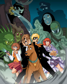 2boys 2girls 6+others blonde_hair brown_hair commentary daphne_blake dhutchison dog english_commentary fred_jones ghost glasses long_hair multiple_boys multiple_girls multiple_others purple_skirt red_hair red_skirt scared school_uniform scooby-doo scooby-doo_(character) shaggy_rogers short_hair skirt velma_dinkley