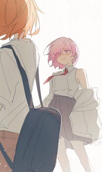 2girls backpack bag dianci_sanweixian fate/grand_order fate_(series) fujimaru_ritsuka_(female) glasses highres jacket mash_kyrielight multiple_girls necktie orange_hair purple_eyes purple_hair red_necktie shirt skirt sleeveless sleeveless_shirt smile