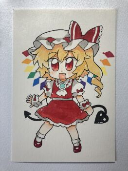 Rule 34 | 1girl, ascot, bad id, bad twitter id, blonde hair, brooch, chibi, chibi only, commentary, crystal, crystal wings, fang, flandre scarlet, frilled skirt, frills, full body, hat, highres, jewelry, laevatein (touhou), looking at viewer, maa (forsythia1729), mary janes, mob cap, multicolored wings, one side up, photo (medium), red eyes, red shoes, red skirt, red vest, shoes, skirt, skirt set, socks, solo, touhou, traditional media, vest, white ascot, white hat, white socks, wings, wrist cuffs