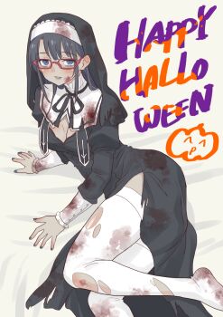 1girl black_hair blood blood_stain blue_eyes blush commentary_request daipunch halloween halloween_costume highres lying meganegawa_(daipunch) nun on_side original solo thighhighs torn_clothes torn_thighhighs white_thighhighs